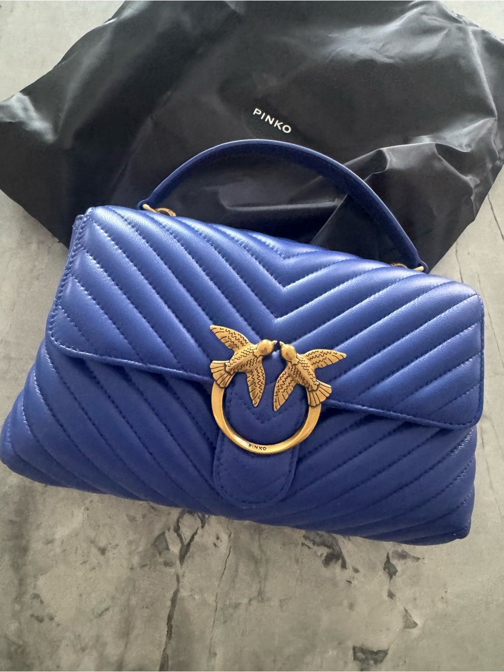 Pinko Quilted Top-Handle Satchel in Royal Blue with Gold Hardware